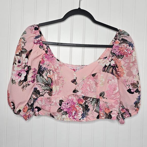 Buddy Love Pink Floral Puff Sleeve Blouse Size Small Cropped Whimsy Smocked Boho - Picture 6 of 7